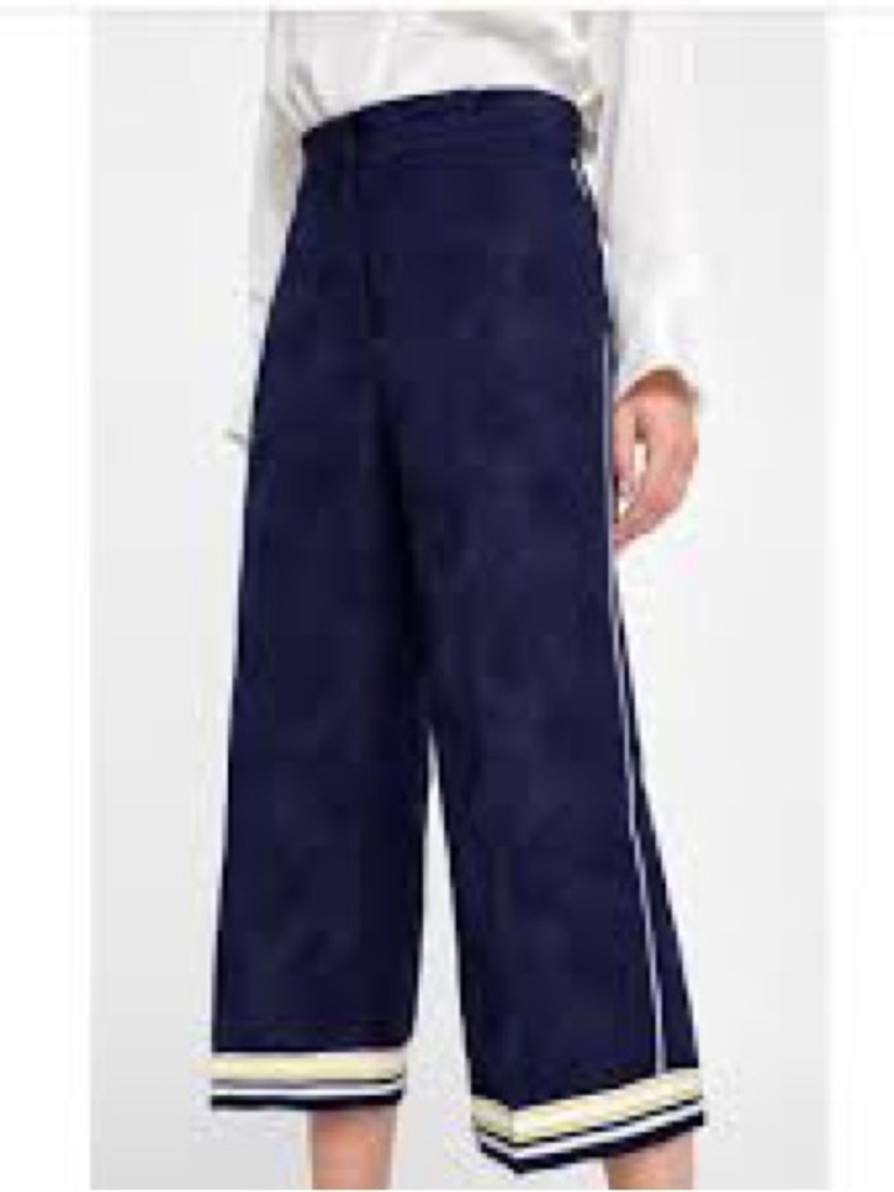 Zara Navy Floral Jacquard Wide Leg Culottes Yellow White Stripe Size S